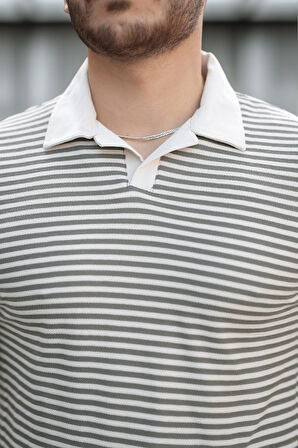 Çizgili Örme Desenli Polo Yaka Erkek T-Shirt - Yeşil