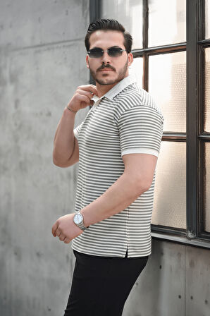 Çizgili Örme Desenli Polo Yaka Erkek T-Shirt - Yeşil