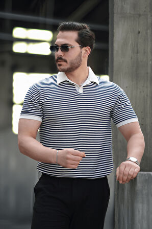 Çizgili Örme Desenli Polo Yaka Erkek T-Shirt - Lacivert