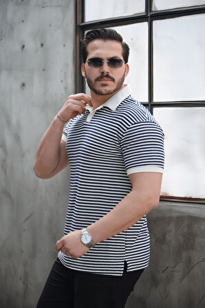 Çizgili Örme Desenli Polo Yaka Erkek T-Shirt - Lacivert