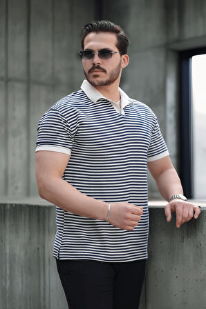 Çizgili Örme Desenli Polo Yaka Erkek T-Shirt - Lacivert