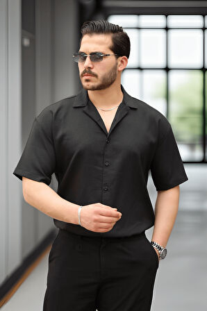 Fresh Kumaş Apaş Yaka Kısa Kol Erkek Gömlek - Siyah