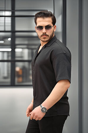 Fresh Kumaş Apaş Yaka Kısa Kol Erkek Gömlek - Siyah