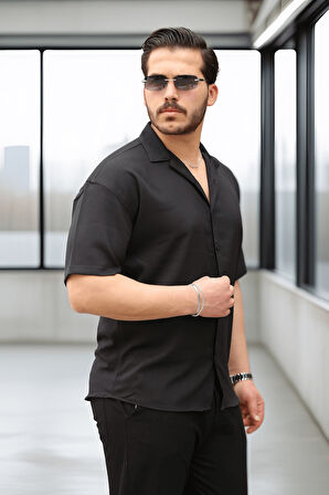 Fresh Kumaş Apaş Yaka Kısa Kol Erkek Gömlek - Siyah