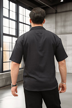 Fresh Kumaş Apaş Yaka Kısa Kol Erkek Gömlek - Siyah