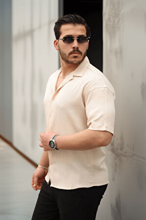 Fresh Kumaş Apaş Yaka Kısa Kol Erkek Gömlek  - Bej