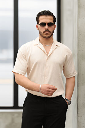 Fresh Kumaş Apaş Yaka Kısa Kol Erkek Gömlek  - Bej