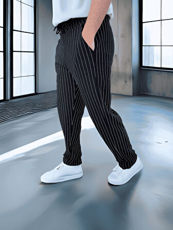 Krep Kumaş Çizgili Rahat Kalıp Erkek Pantolon - Siyah