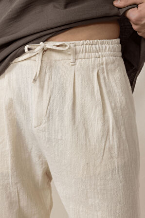 Pamuk Flamli Düz Paça Jogger Erkek Pantolon - Ekru