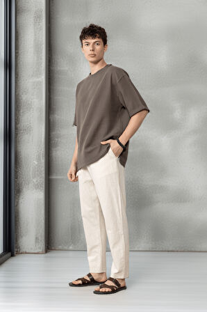 Pamuk Flamli Düz Paça Jogger Erkek Pantolon - Ekru