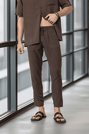 Bağcıklı & Fermuarlı Doğal Dokulu Pamuk Erkek Pantolon - Kahve