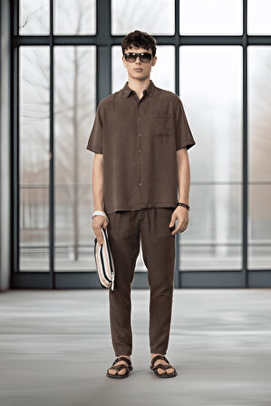 Bağcıklı & Fermuarlı Doğal Dokulu Pamuk Erkek Pantolon - Kahve