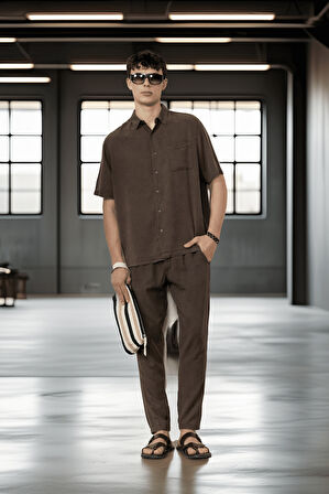 Bağcıklı & Fermuarlı Doğal Dokulu Pamuk Erkek Pantolon - Kahve