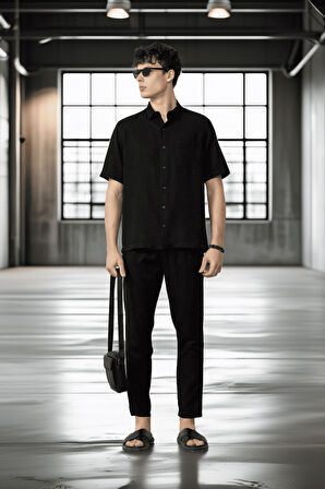 Bağcıklı & Fermuarlı Doğal Dokulu Pamuk Erkek Pantolon - Siyah