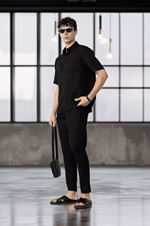 Bağcıklı & Fermuarlı Doğal Dokulu Pamuk Erkek Pantolon - Siyah