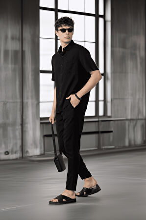 Bağcıklı & Fermuarlı Doğal Dokulu Pamuk Erkek Pantolon - Siyah