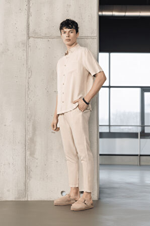 Bağcıklı & Fermuarlı Doğal Dokulu Pamuk Erkek Pantolon - Bej