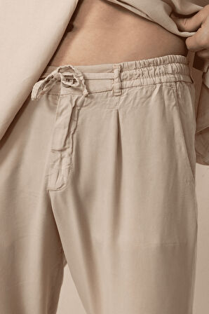 Bağcıklı & Fermuarlı Doğal Dokulu Pamuk Erkek Pantolon - Bej