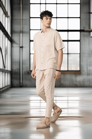 Bağcıklı & Fermuarlı Doğal Dokulu Pamuk Erkek Pantolon - Bej