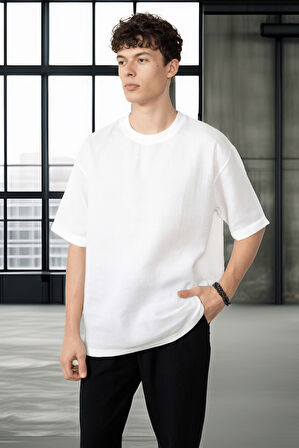 Rahat Kalıp Müslin Kumaş Erkek T-Shirt - Ekru