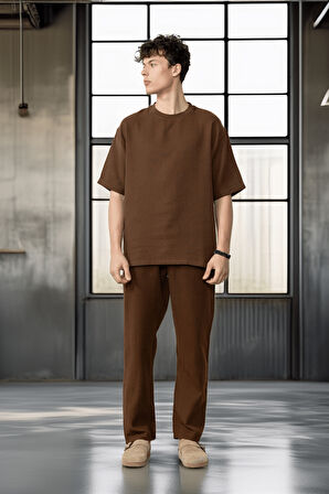 Rahat Kalıp Müslin Kumaş Erkek T-Shirt - Kahve