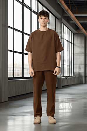 Rahat Kalıp Müslin Kumaş Erkek T-Shirt - Kahve