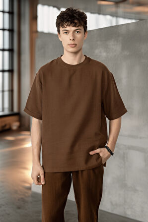 Rahat Kalıp Müslin Kumaş Erkek T-Shirt - Kahve