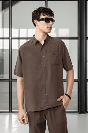 Tek Cepli Pamuk Kumaş Doğal Dokulu Erkek Gömlek - Kahve