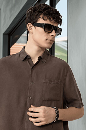 Tek Cepli Pamuk Kumaş Doğal Dokulu Erkek Gömlek - Kahve