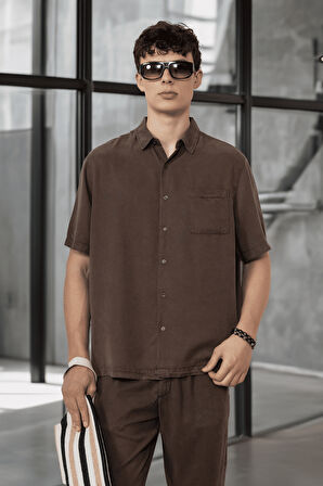 Tek Cepli Pamuk Kumaş Doğal Dokulu Erkek Gömlek - Kahve