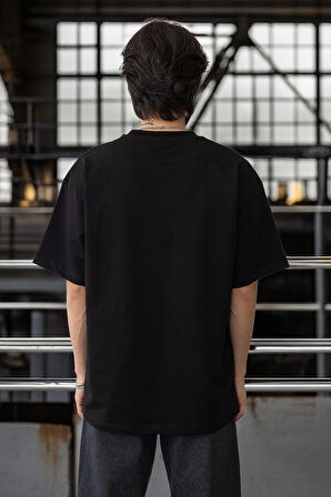 Cep Baskılı İki İplik Kumaş Pamuklu Oversize Erkek T-Shirt - Siyah