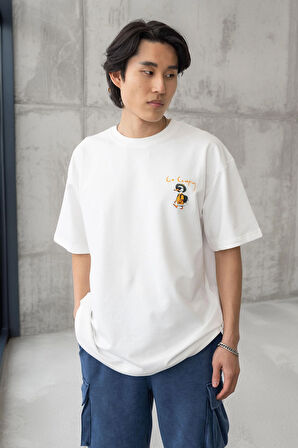 Cep Baskılı İki İplik Kumaş Pamuklu  Oversize Erkek T-Shirt - Ekru
