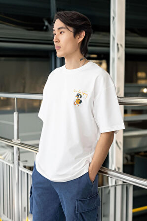 Cep Baskılı İki İplik Kumaş Pamuklu  Oversize Erkek T-Shirt - Ekru