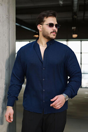 Yumuşak Dokulu Yarım Oversize Erkek Gömlek - Lacivert