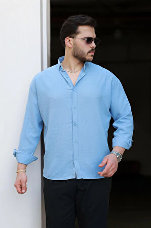 Yumuşak Dokulu Yarım Oversize Erkek Gömlek - Soğuk Mavi