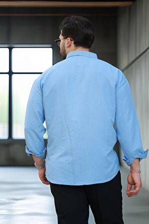 Yumuşak Dokulu Yarım Oversize Erkek Gömlek - Soğuk Mavi