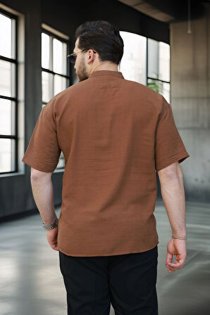 Oversize Yarım Pat Bambu Kısa kol Gömlek - Kahve