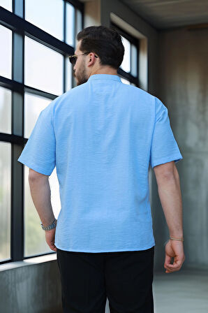 Wes Oversize Yarım Pat Bambu Kısa kol Gömlek - Açık Mavi