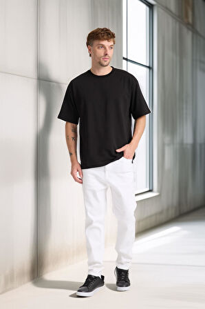 İki İplik Kumaş Pamuklu Bisiklet Yaka Basic Oversize Erkek T-Shirt - Siyah
