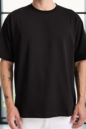 İki İplik Kumaş Pamuklu Bisiklet Yaka Basic Oversize Erkek T-Shirt - Siyah