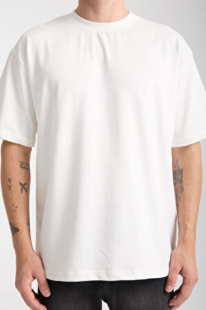 İki İplik Kumaş Pamuklu Bisiklet Yaka Basic Oversize Erkek T-Shirt - Ekru
