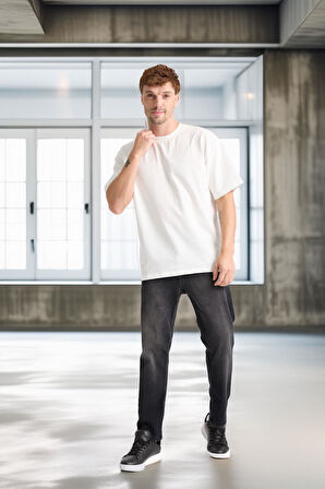 İki İplik Kumaş Pamuklu Bisiklet Yaka Basic Oversize Erkek T-Shirt - Ekru