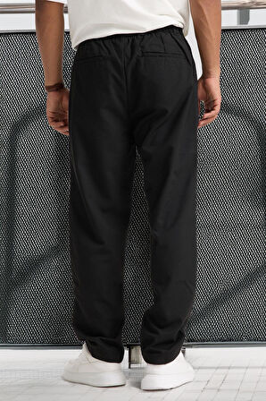 Önü Çift Pileli Fermuarlı Beli Lastikli Jogger Erkek Pantolon - Siyah 