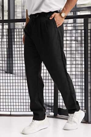 Önü Çift Pileli Fermuarlı Beli Lastikli Jogger Erkek Pantolon - Siyah 