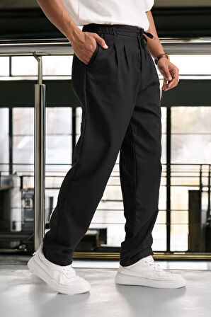Önü Çift Pileli Fermuarlı Beli Lastikli Jogger Erkek Pantolon - Siyah 