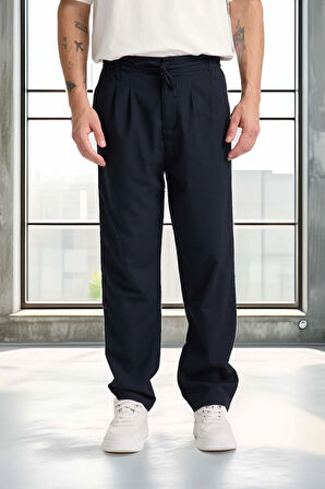 Önü Çift Pileli Fermuarlı Beli Lastikli Jogger Erkek Pantolon - Lacivert 