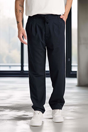 Önü Çift Pileli Fermuarlı Beli Lastikli Jogger Erkek Pantolon - Lacivert 