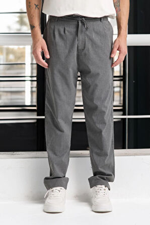Önü Çift Pileli Fermuarlı Beli Lastikli Jogger Erkek Pantolon - Füme
