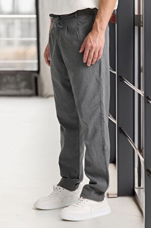 Önü Çift Pileli Fermuarlı Beli Lastikli Jogger Erkek Pantolon - Füme