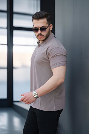 Likralı Örme Yarım Fermuar Polo Yaka Erkek Tişört - Kahve